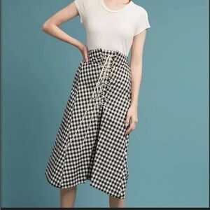 Eva Franco x Anthropologie Gingham Lace-Up Midi Skirt Black, White Size L NEW